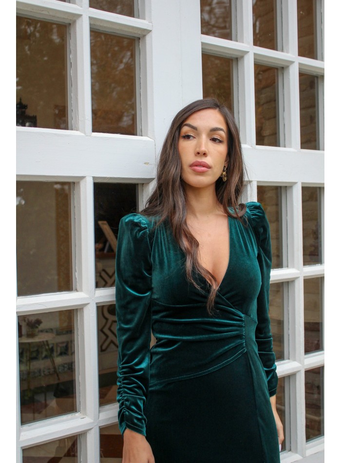 Robe midi en velours vert bouteille à manches...