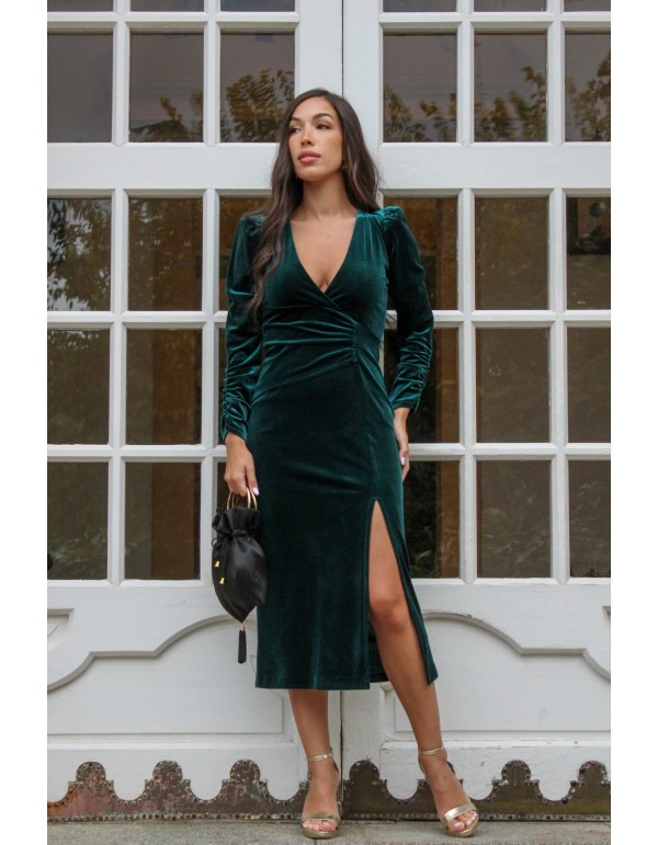 Bottle green velvet midi dress with long sleeves