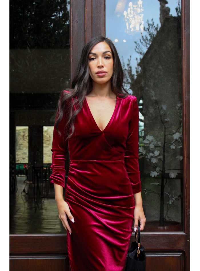 Robe de soirée midi en velours grenat avec...