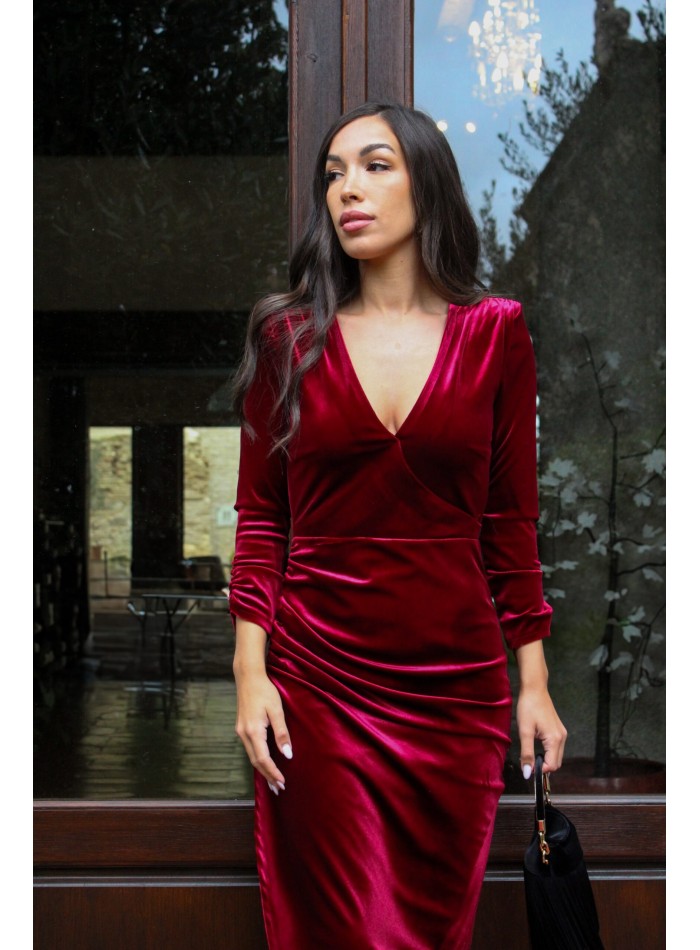Robe de soirée midi en velours grenat avec...