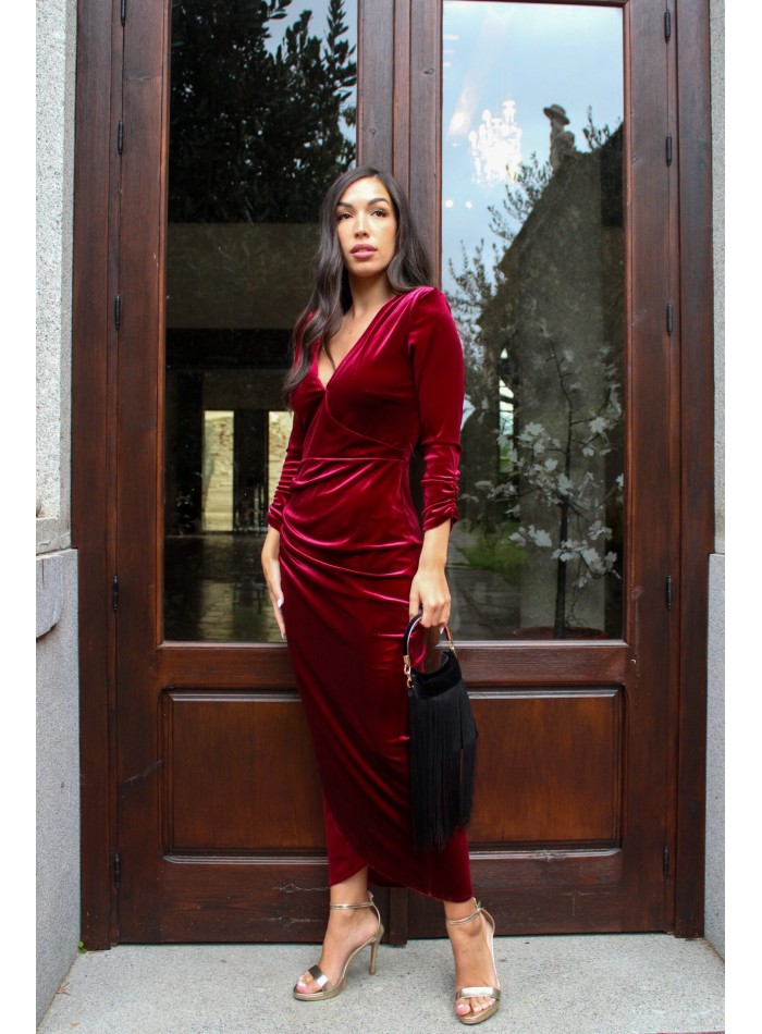 Maroon velvet velvet midi party dress with...