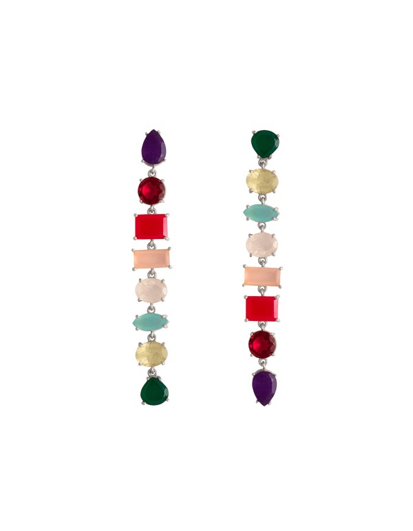 Long silver earrings with colored stones