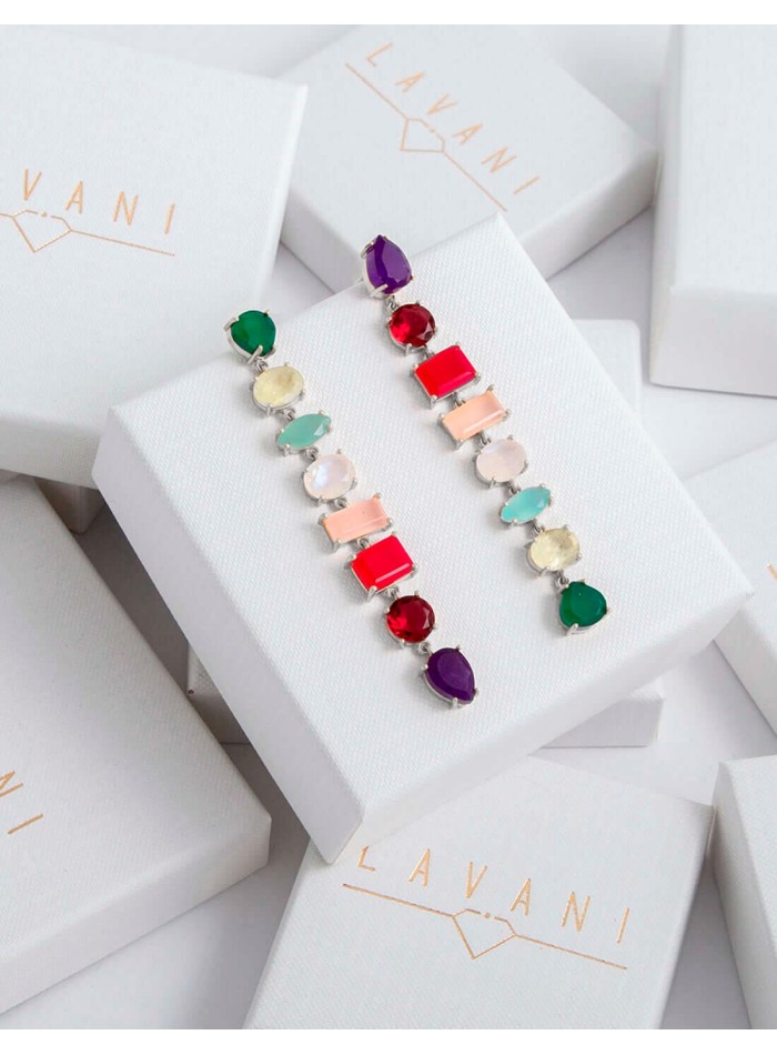 Long silver earrings with colored stones