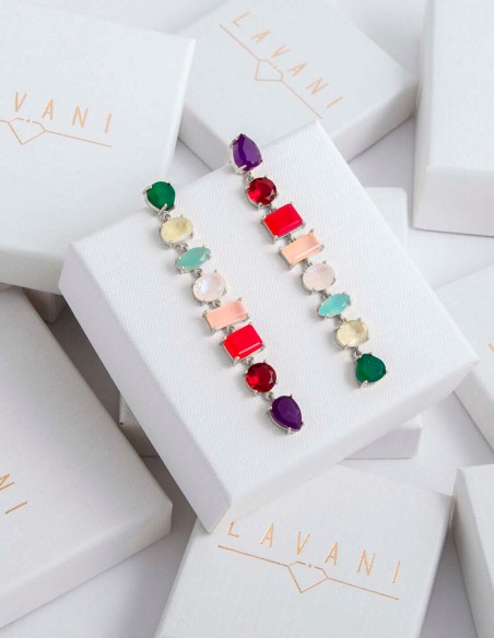 Long silver earrings with colored stones