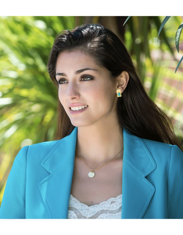 Rectangular golden earrings with natural turquoise stone 2