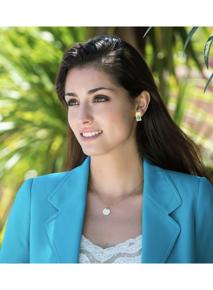 pendientes fiesta dorados piedra natural turquesa rectangulo boda invitada modelo