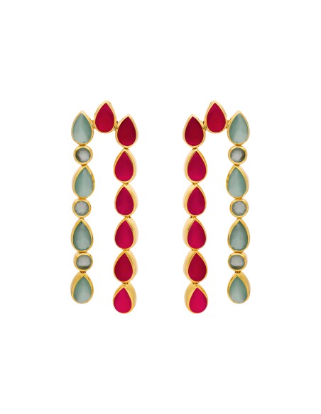Long earrings with garnet and aquamarine rhinestones