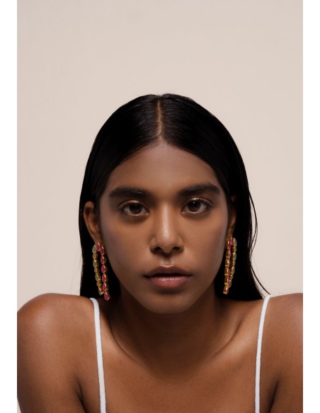 Long earrings with garnet and aquamarine rhinestones