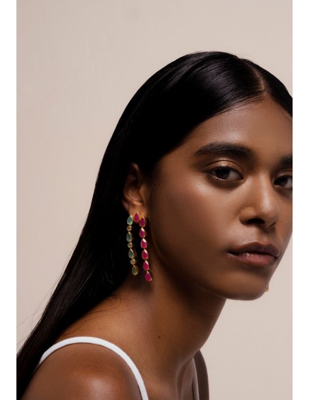 Long earrings with garnet and aquamarine rhinestones