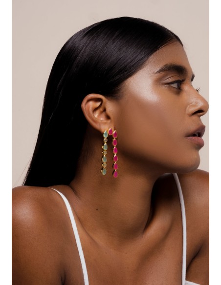 Pendientes largos con pedreria granate y aguamarina
