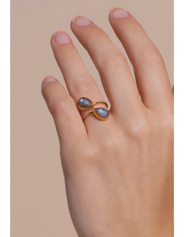 Gold plated ring with double labradorite 2