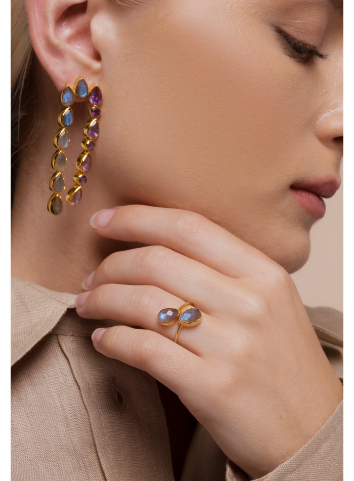 Gold plated ring with double labradorite