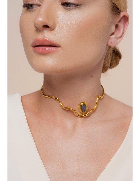 Gold Choker with Gray Semiprecious Stone - Gratitude