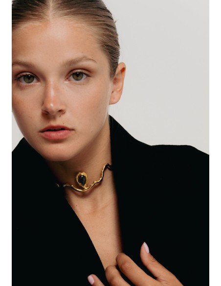 Gold Choker with Gray Semiprecious Stone - Gratitude