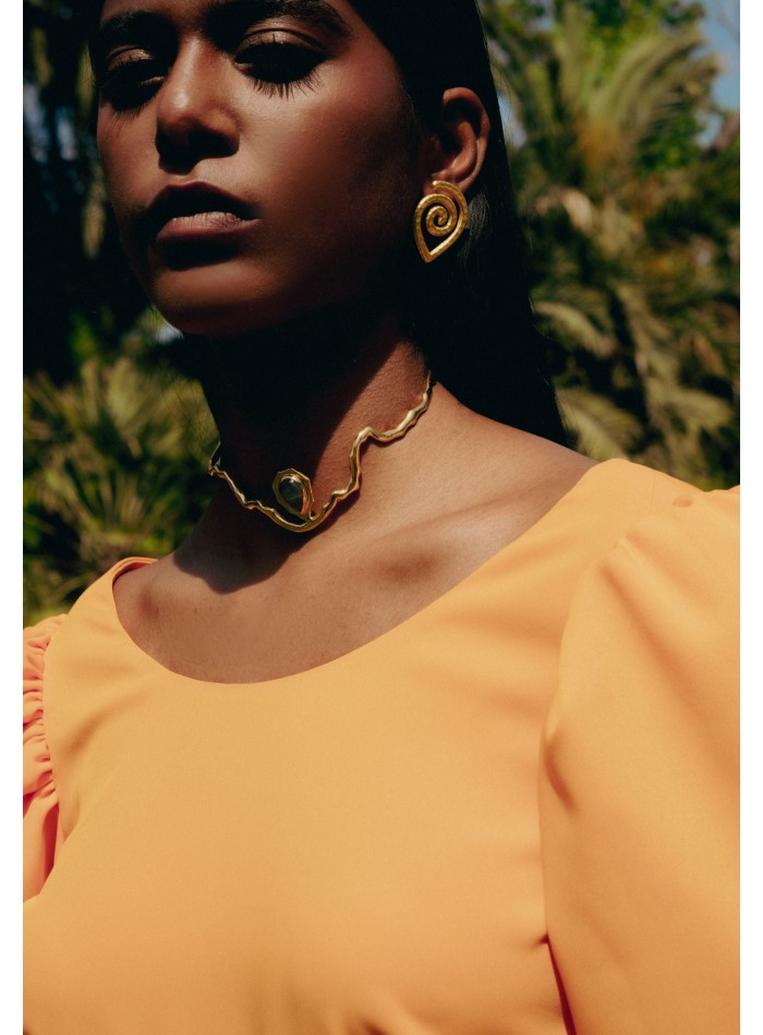 Gold Choker with Gray Semiprecious Stone -...