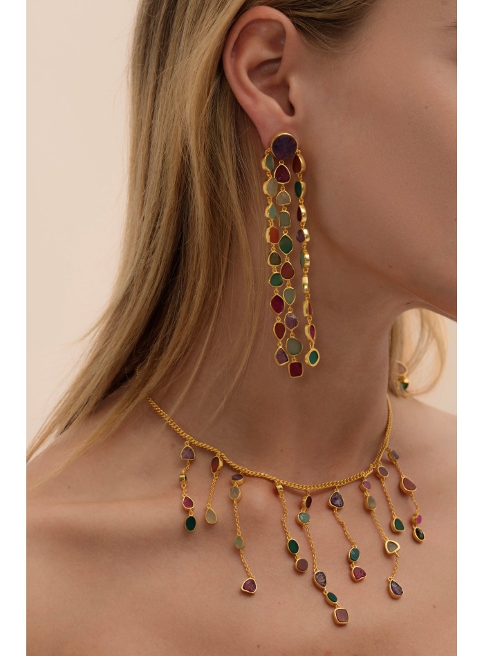 Longues boucles d'oreilles dorées multicolores...