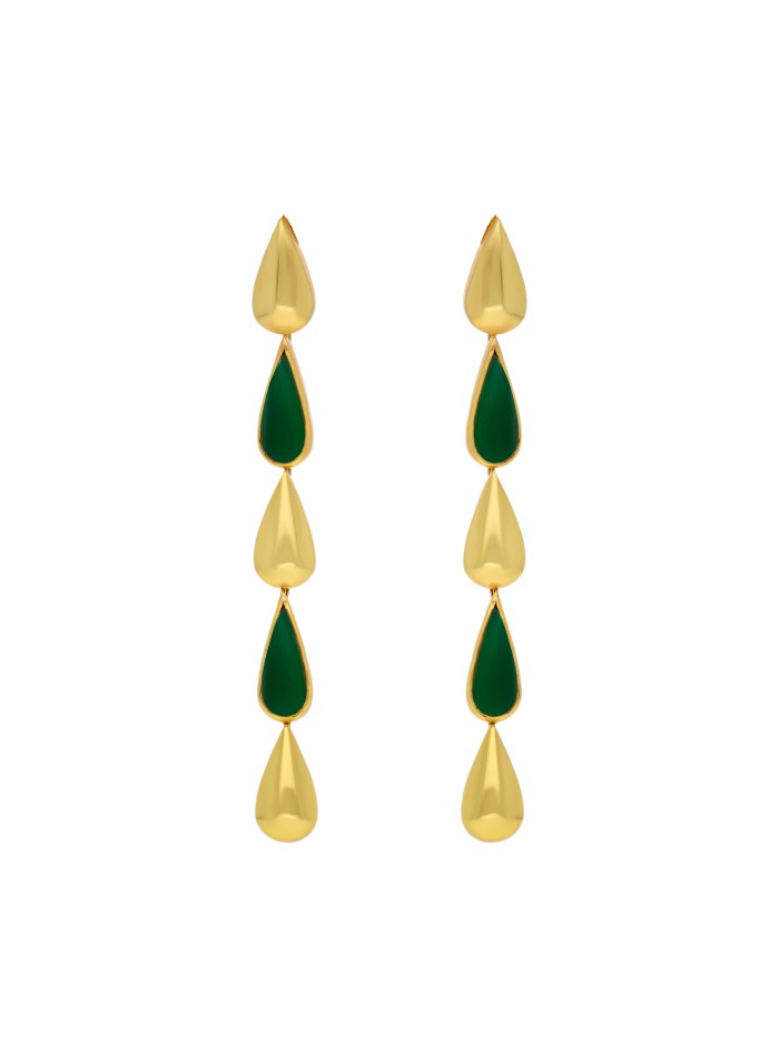 Pendientes largos forma de gota verde y dorado