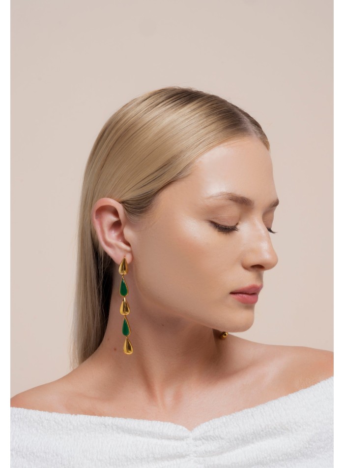 Pendientes largos forma de gota verde y dorado