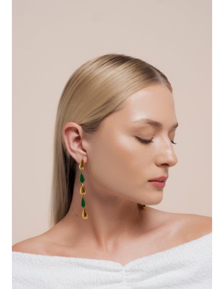 Pendientes largos forma de gota verde y dorado