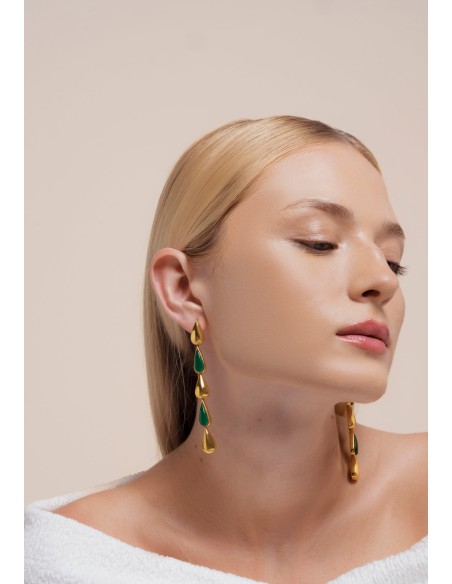 Long green and gold drop earrings