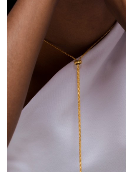 Long golden necklace with ribbon and multicolored stones