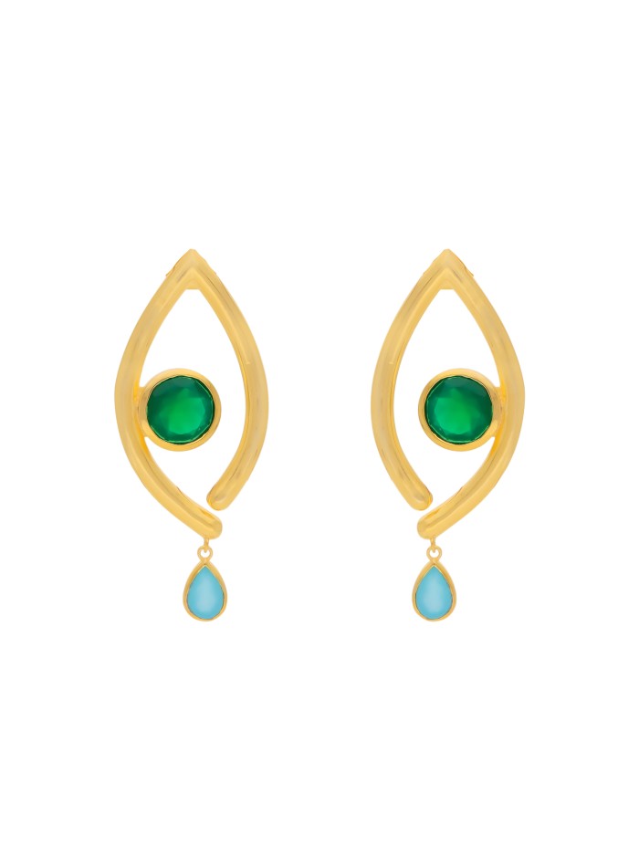 Boucles d'oreilles de fête en plaqué or avec des pierres vertes et bleues