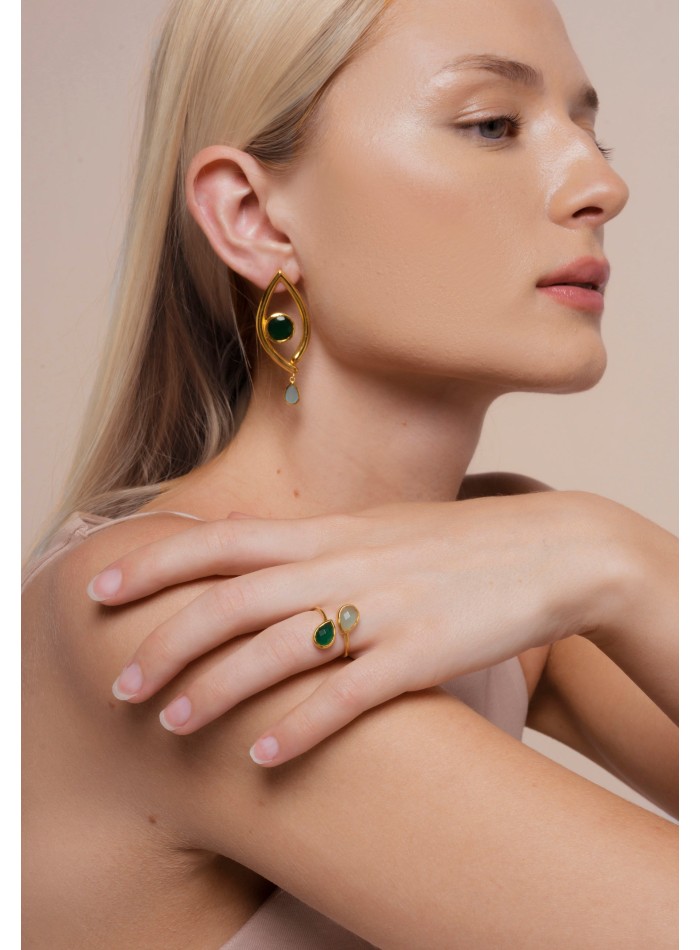 Gold party earrings with green and blue stone