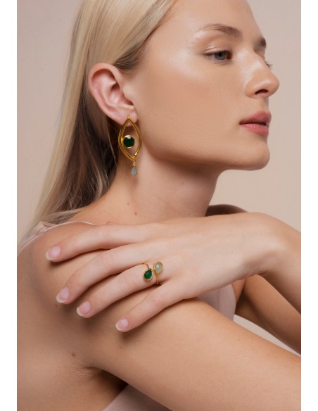 Gold party earrings with green and blue stone