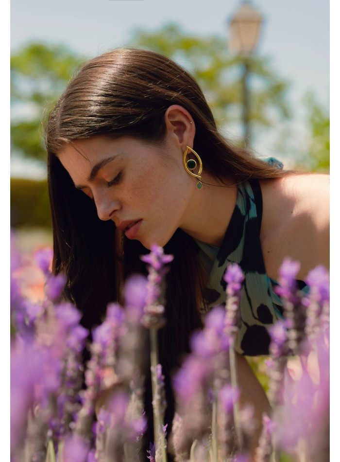 Gold party earrings with green and blue stone