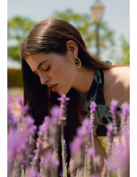 Gold party earrings with green and blue stone
