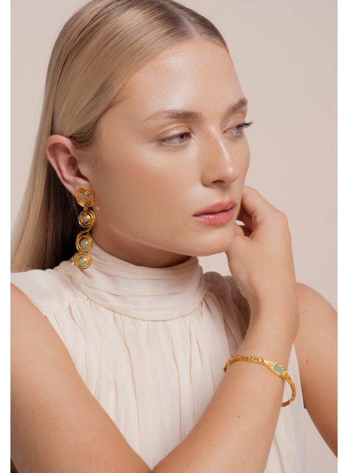 Gold and aquamarine long earrings - Breathe