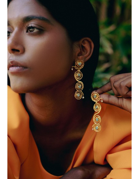 Longues boucles d'oreilles en or et aigue-marine - Breathe