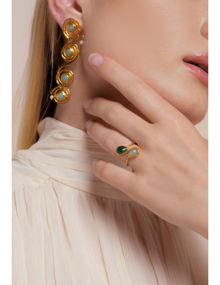 Gold and aquamarine long earrings - Breathe