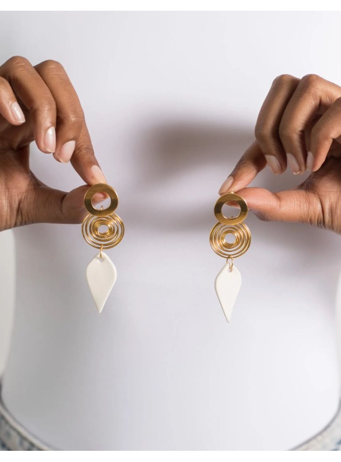 Gold plated long earrings with ceramic teardrop