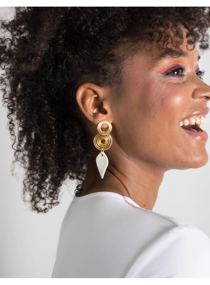 Gold plated long earrings with ceramic teardrop