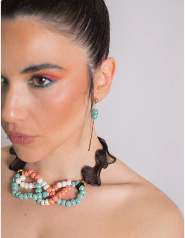 Pendientes largos estilo cascada con dos perlas de ceramica 2