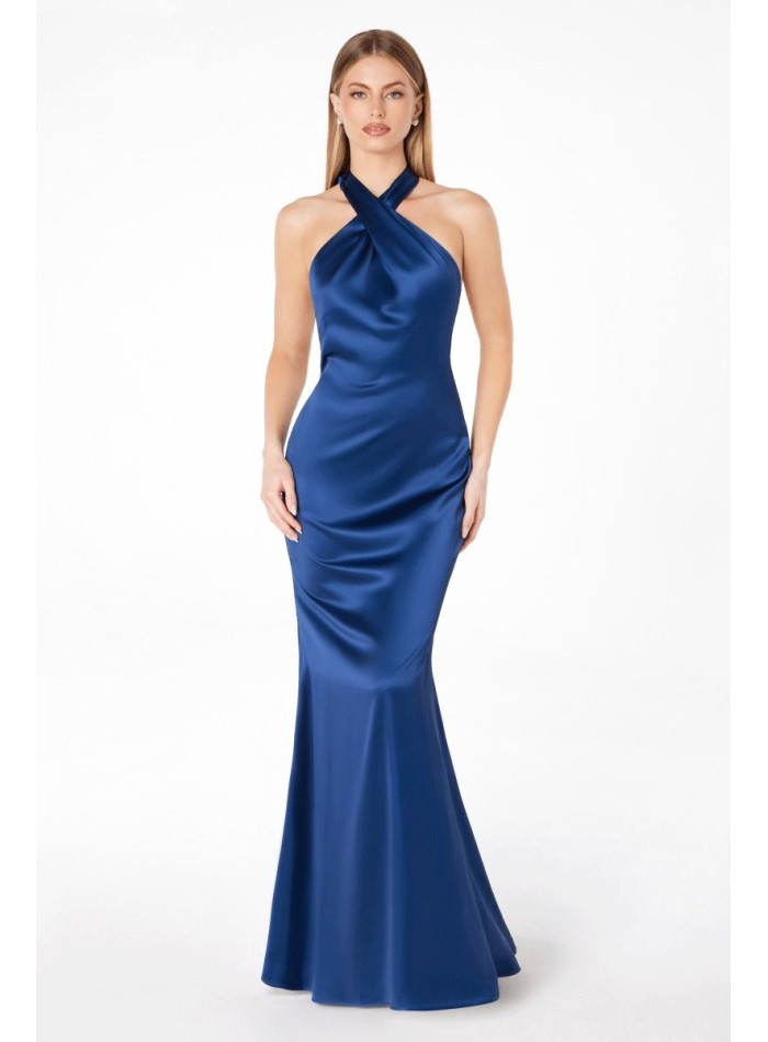 Satin party dress with halter neckline and open...