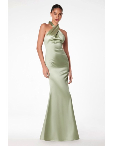 Satin party dress with halter neckline and open back