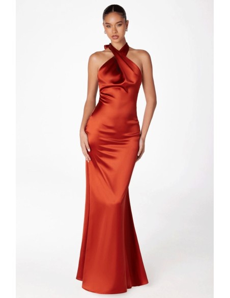 Satin party dress with halter neckline and open back