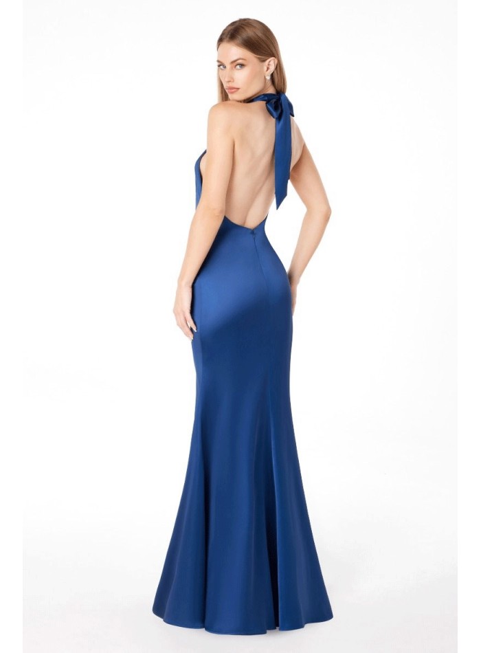 Satin party dress with halter neckline and open...