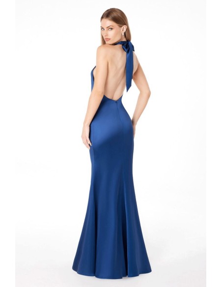 Vestido para bodas en tejido satinado con espalda descubierta azul