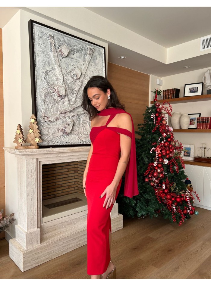 Longue robe d'invité rouge avec écharpe