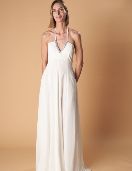 Robe de mariée longue avec cape en mousseline de soie