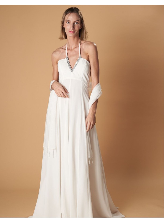 Robe de mariée longue avec cape en mousseline...