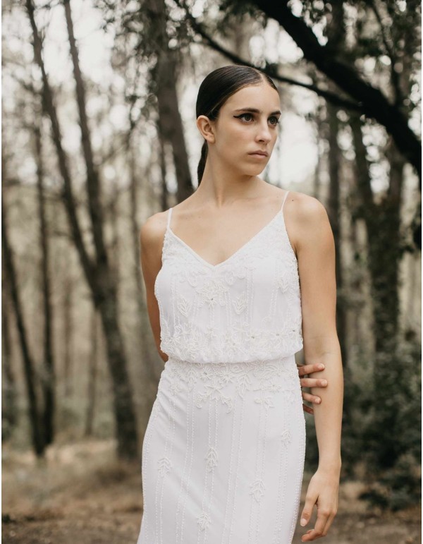 Long wedding dress with rhinestones and thin straps