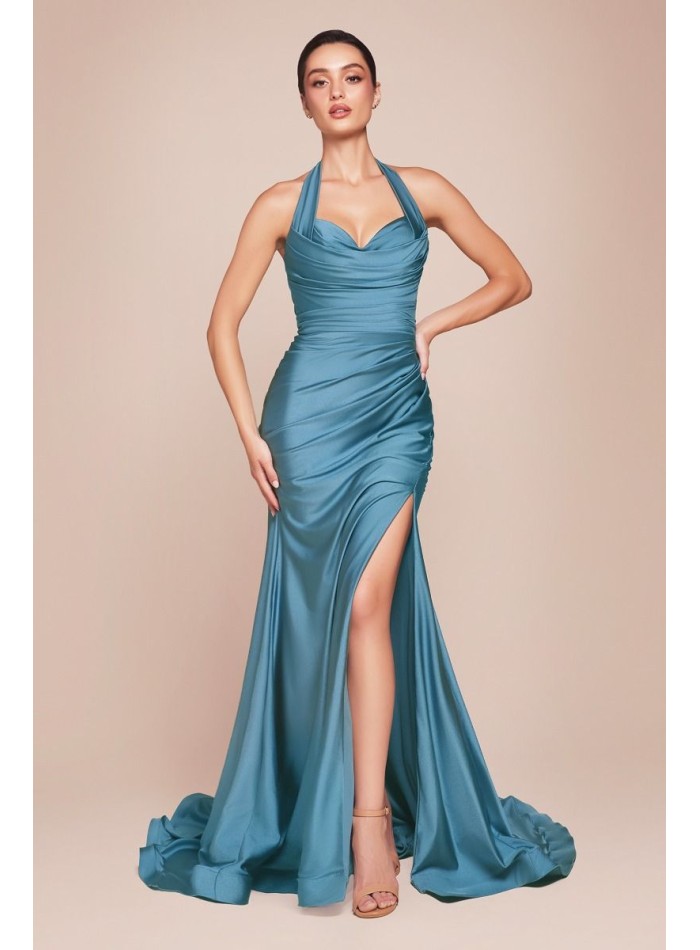 Long evening dress for guest with halter neckline