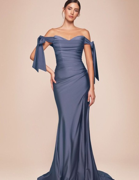 Satin gown with draped bodice and dropped sleeves