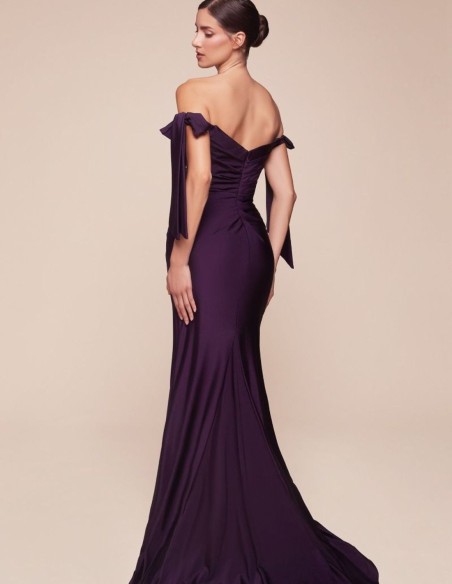 Satin gown with draped bodice and dropped sleeves