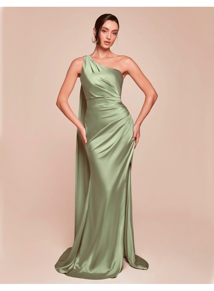 Satin long gown with asymmetrical neckline