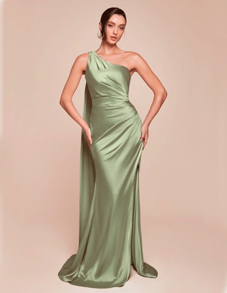 escote asimétrico y cintura fruncida del vestido de fiesta largo satinado, perfecto para eventos formales